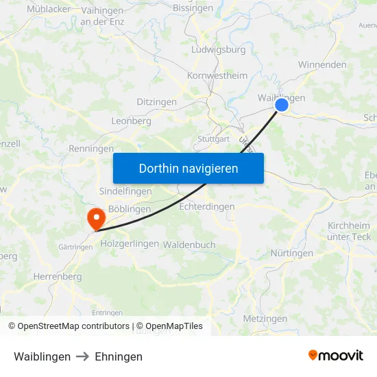 Waiblingen to Ehningen map