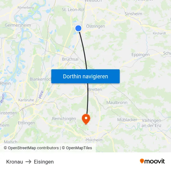 Kronau to Eisingen map