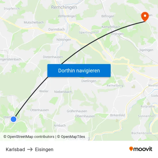 Karlsbad to Eisingen map