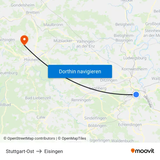 Stuttgart-Ost to Eisingen map