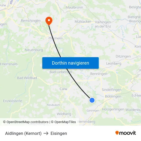 Aidlingen (Kernort) to Eisingen map