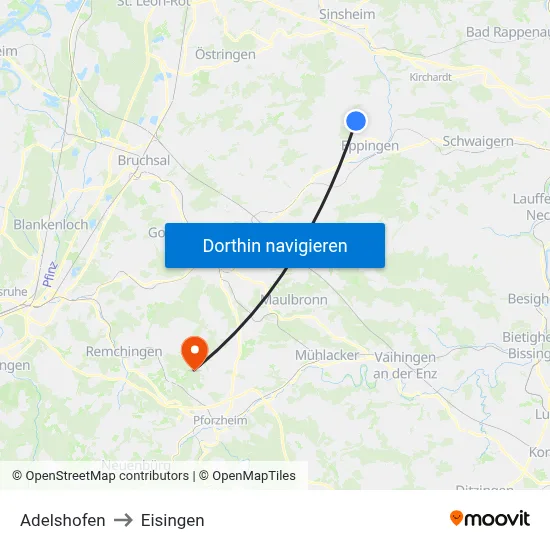 Adelshofen to Eisingen map