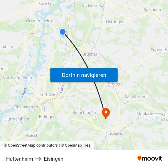 Huttenheim to Eisingen map