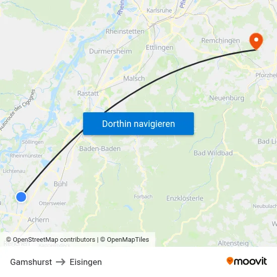 Gamshurst to Eisingen map