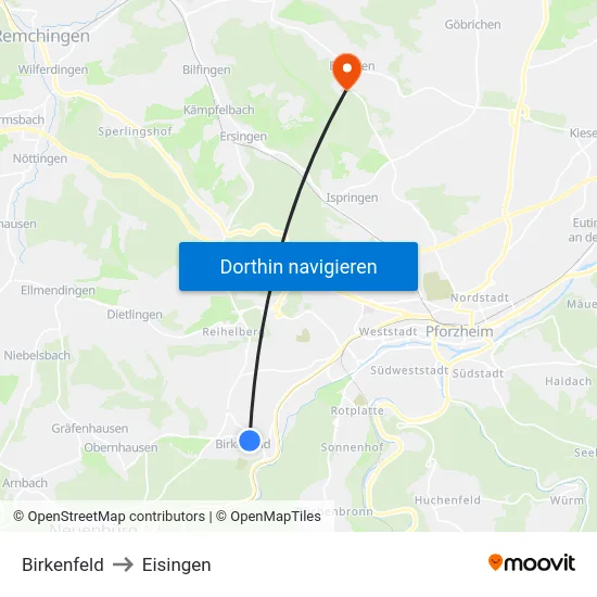 Birkenfeld to Eisingen map