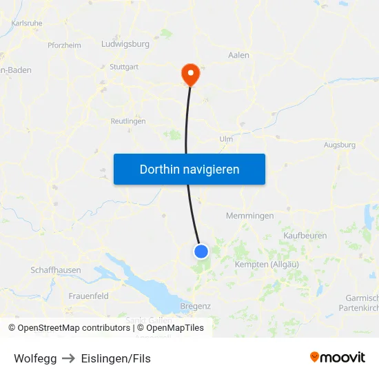 Wolfegg to Eislingen/Fils map