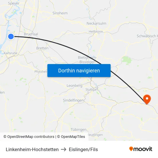 Linkenheim-Hochstetten to Eislingen/Fils map