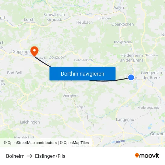 Bolheim to Eislingen/Fils map