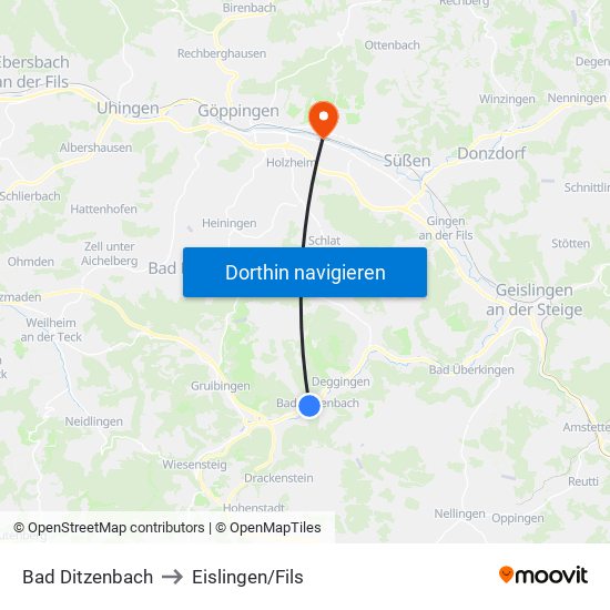 Bad Ditzenbach to Eislingen/Fils map