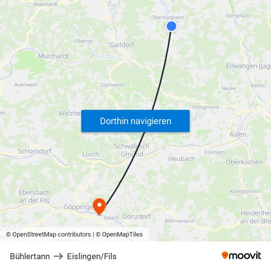 Bühlertann to Eislingen/Fils map