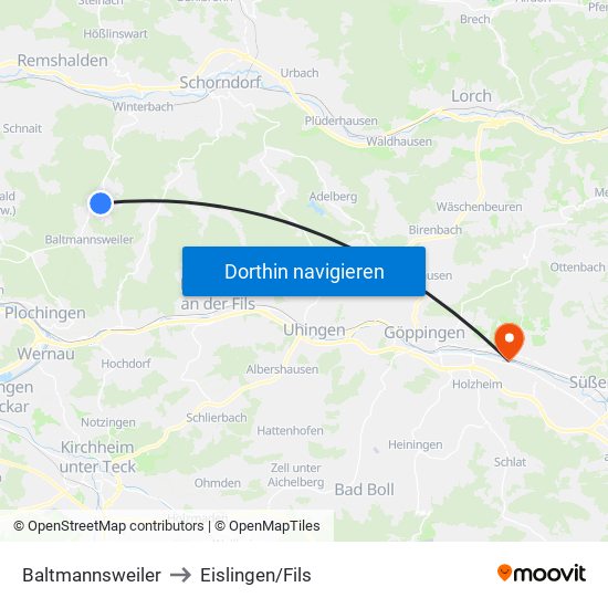 Baltmannsweiler to Eislingen/Fils map