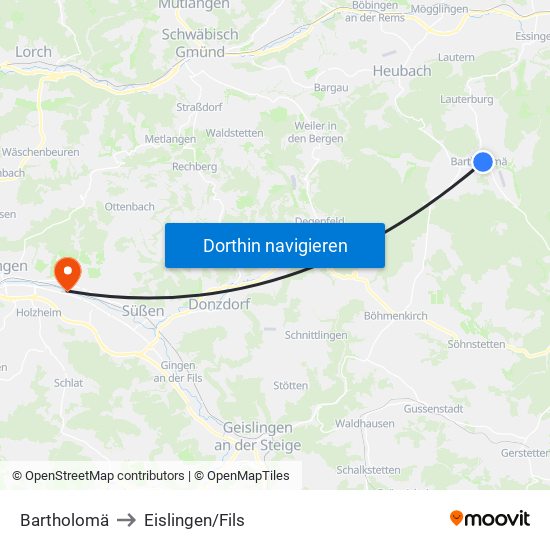 Bartholomä to Eislingen/Fils map
