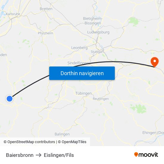 Baiersbronn to Eislingen/Fils map