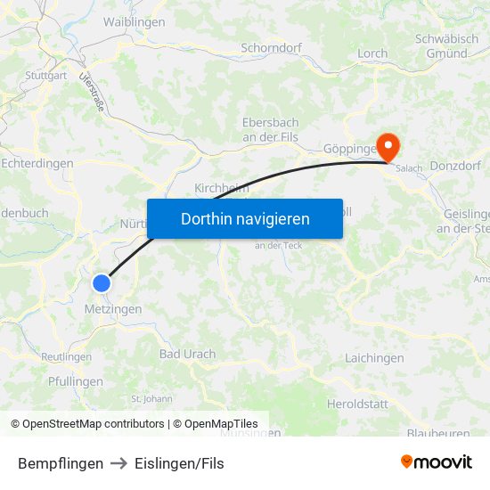 Bempflingen to Eislingen/Fils map