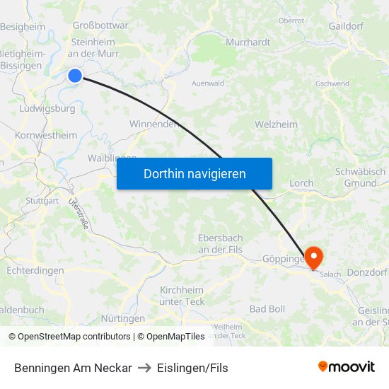 Benningen Am Neckar to Eislingen/Fils map