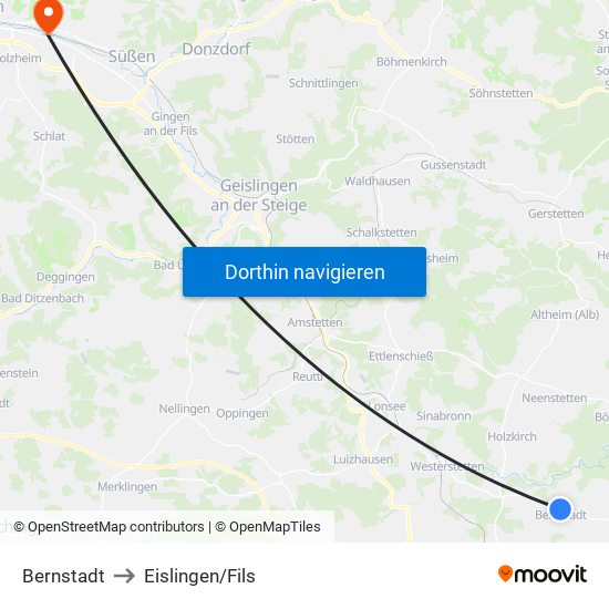 Bernstadt to Eislingen/Fils map