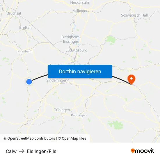 Calw to Eislingen/Fils map