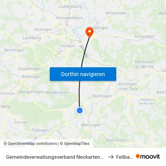 Gemeindeverwaltungsverband Neckartenzlingen to Fellbach map