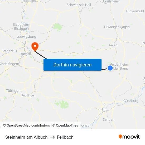 Steinheim am Albuch to Fellbach map
