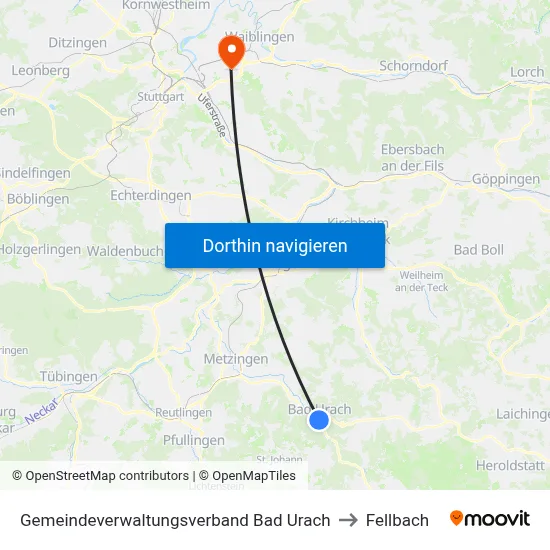 Gemeindeverwaltungsverband Bad Urach to Fellbach map