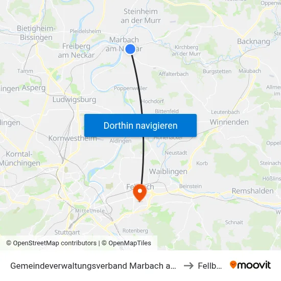 Gemeindeverwaltungsverband Marbach am Neckar to Fellbach map