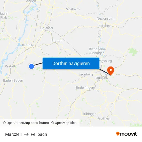Marxzell to Fellbach map