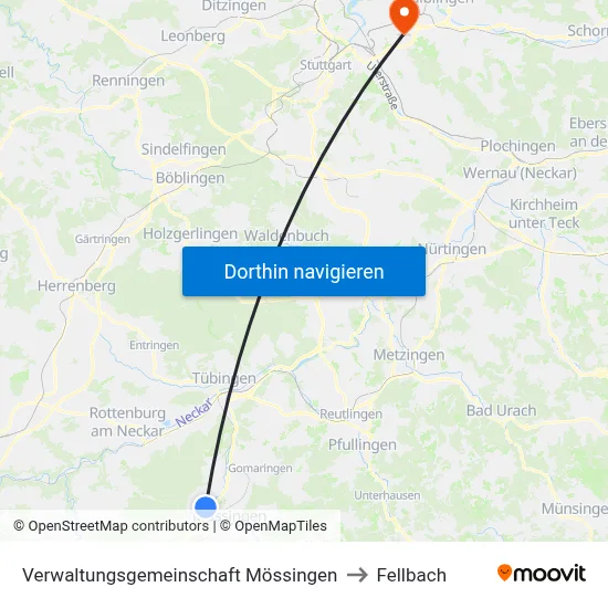 Verwaltungsgemeinschaft Mössingen to Fellbach map