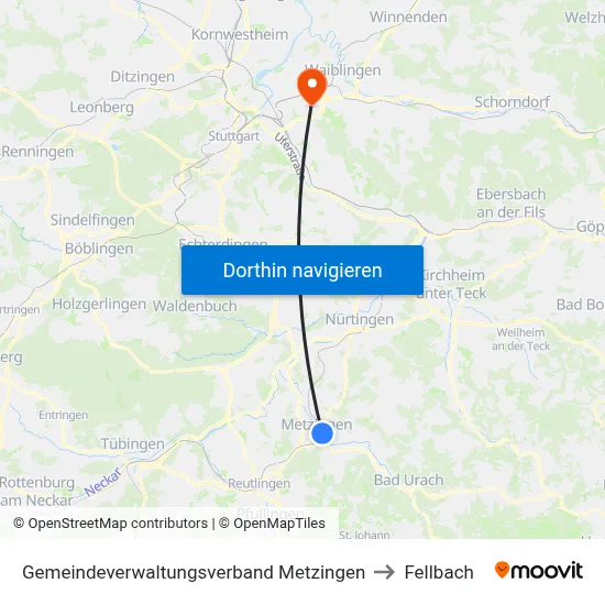 Gemeindeverwaltungsverband Metzingen to Fellbach map