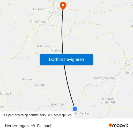 Herbertingen to Fellbach map