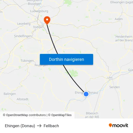 Ehingen (Donau) to Fellbach map