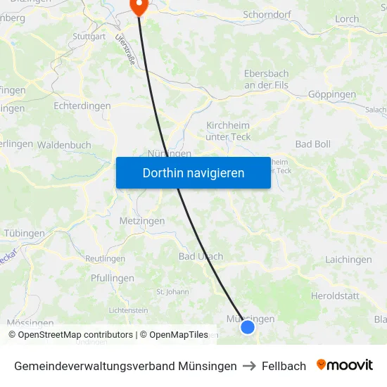 Gemeindeverwaltungsverband Münsingen to Fellbach map