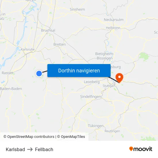 Karlsbad to Fellbach map