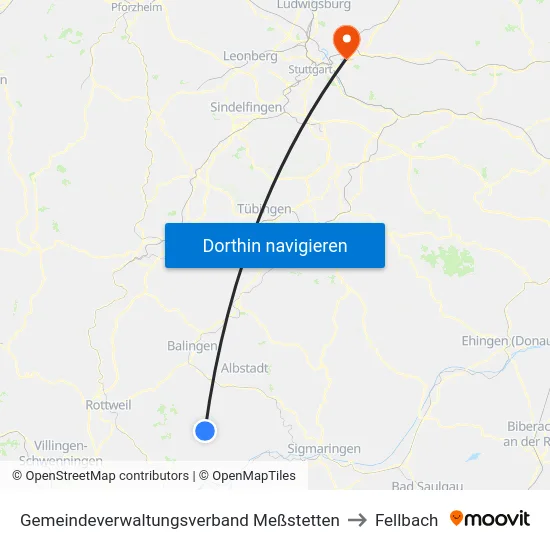 Gemeindeverwaltungsverband Meßstetten to Fellbach map