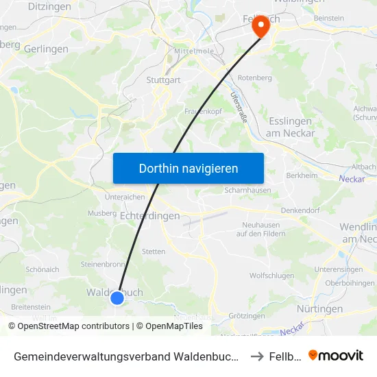Gemeindeverwaltungsverband Waldenbuch/Steinenbronn to Fellbach map