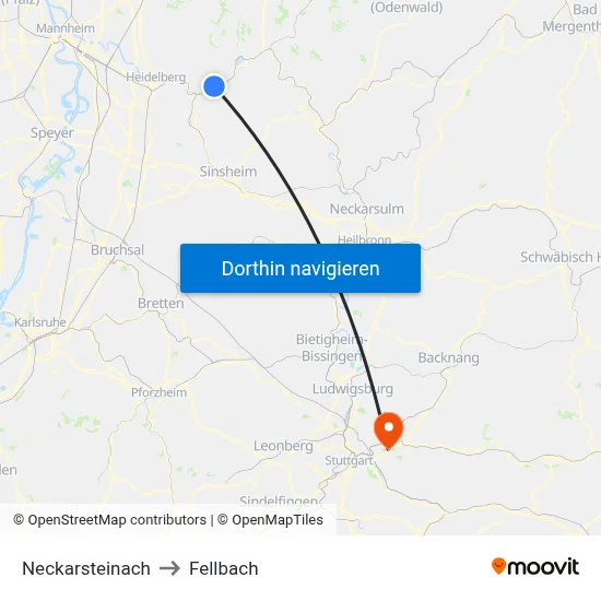 Neckarsteinach to Fellbach map