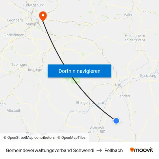 Gemeindeverwaltungsverband Schwendi to Fellbach map