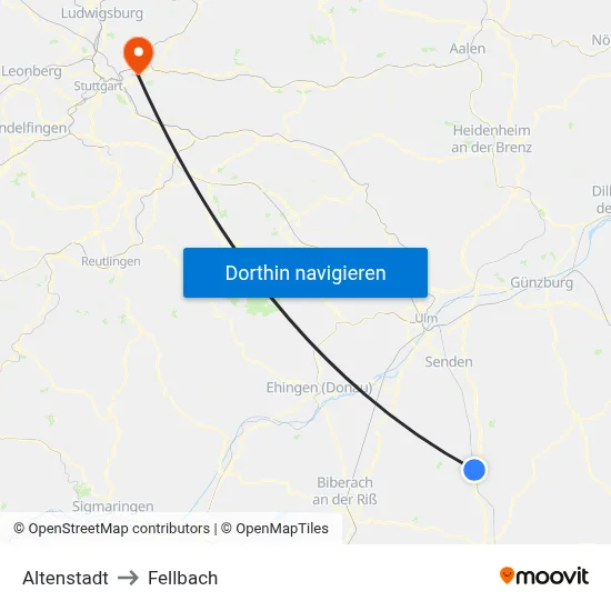 Altenstadt to Fellbach map