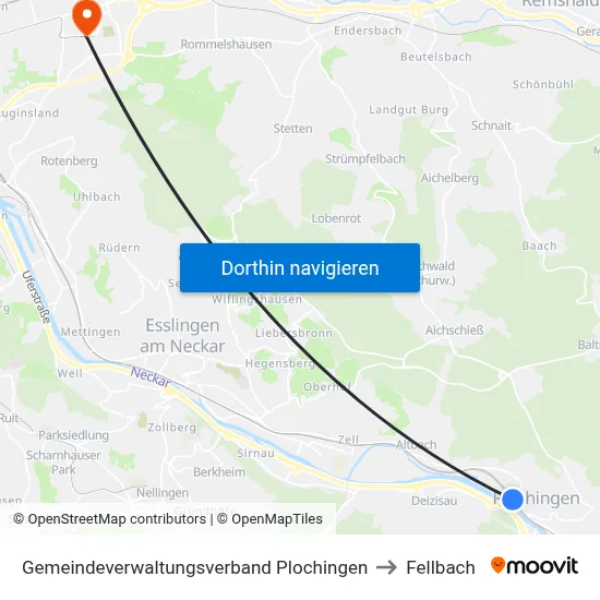 Gemeindeverwaltungsverband Plochingen to Fellbach map
