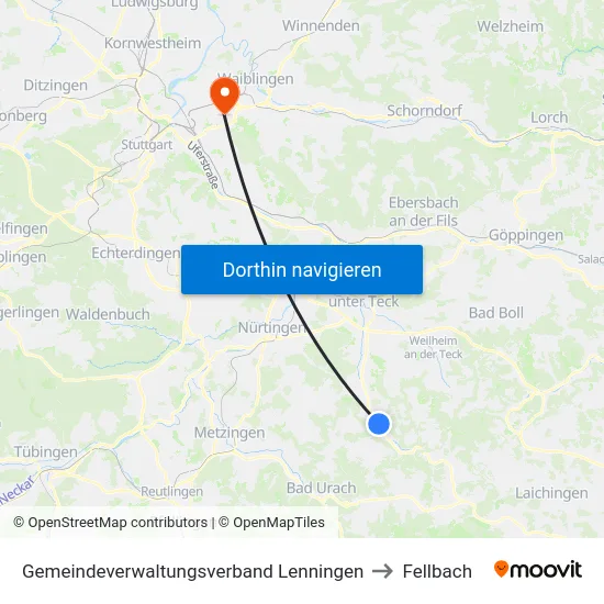 Gemeindeverwaltungsverband Lenningen to Fellbach map