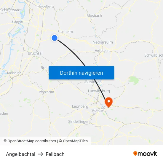 Angelbachtal to Fellbach map