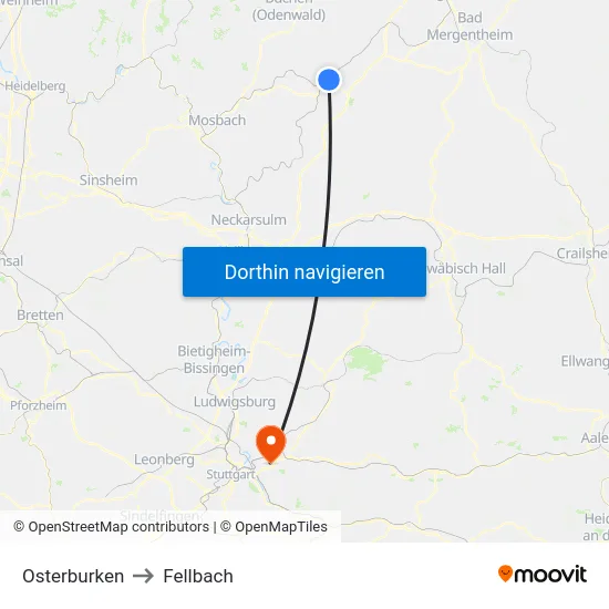 Osterburken to Fellbach map