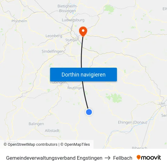 Gemeindeverwaltungsverband Engstingen to Fellbach map