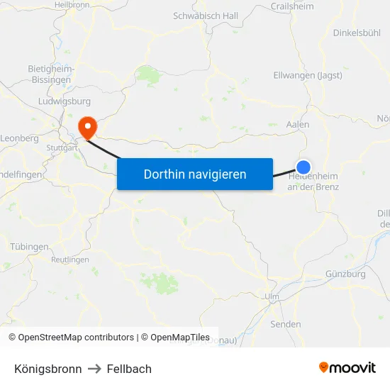 Königsbronn to Fellbach map