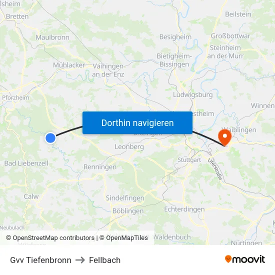 Gvv Tiefenbronn to Fellbach map