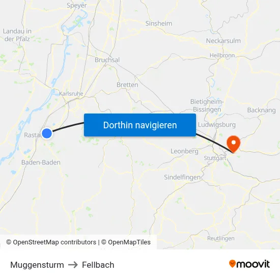 Muggensturm to Fellbach map