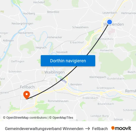Gemeindeverwaltungsverband Winnenden to Fellbach map