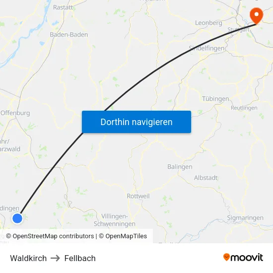 Waldkirch to Fellbach map