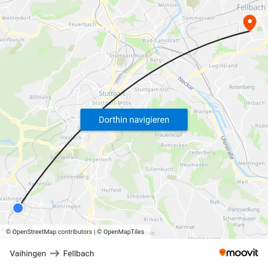 Vaihingen to Fellbach map
