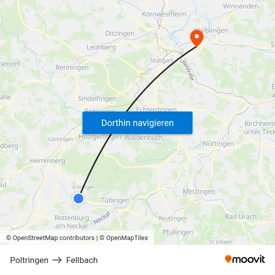 Poltringen to Fellbach map