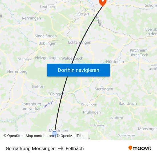 Gemarkung Mössingen to Fellbach map